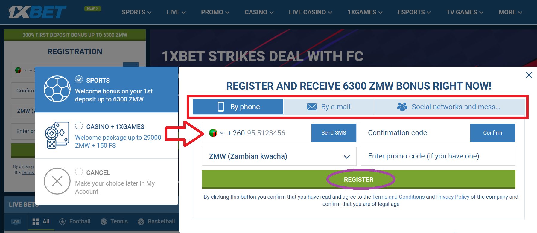 registration by phone number 1xBet