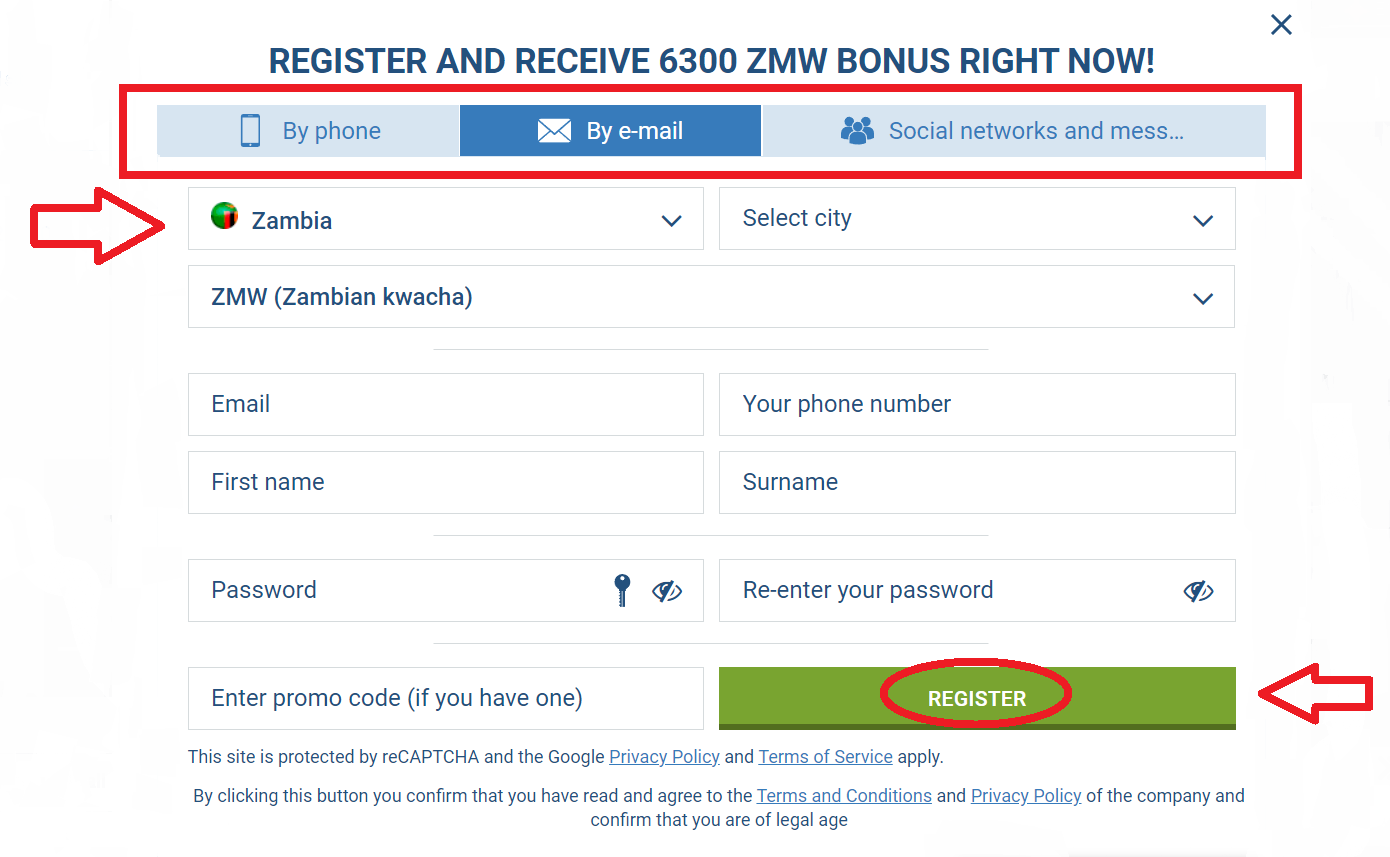 Registration 1xBet Zambia by email